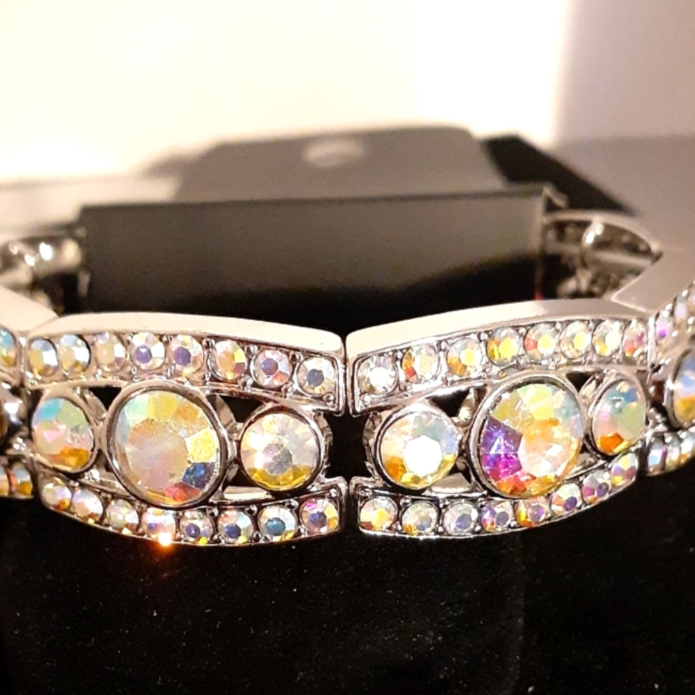 Silvertone bracelet with multi colored rhinestones